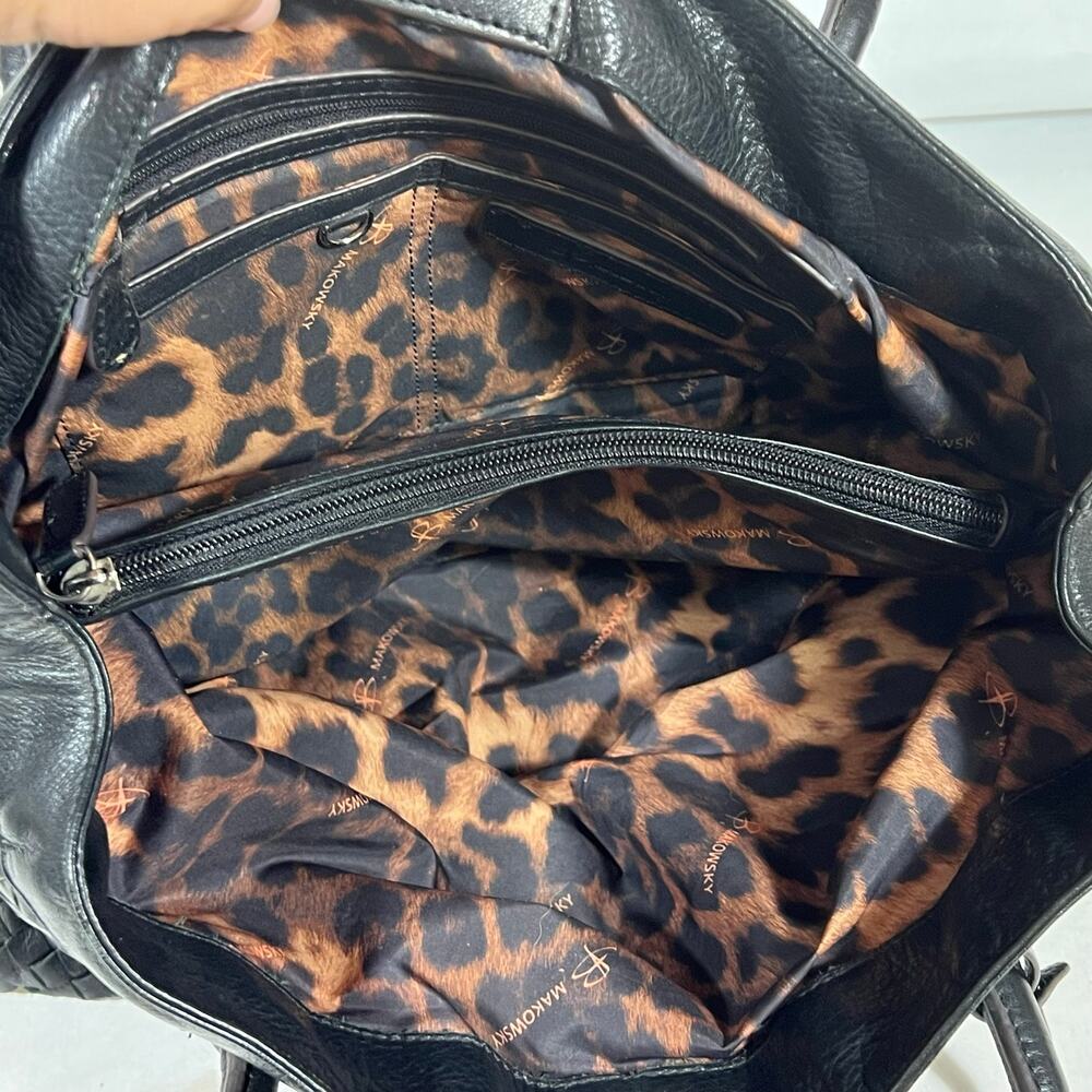 B. Makowsky Shoulder Tote Bag Purse Black Woven Braided Leather Leopard Lining - Picture 6 of 12